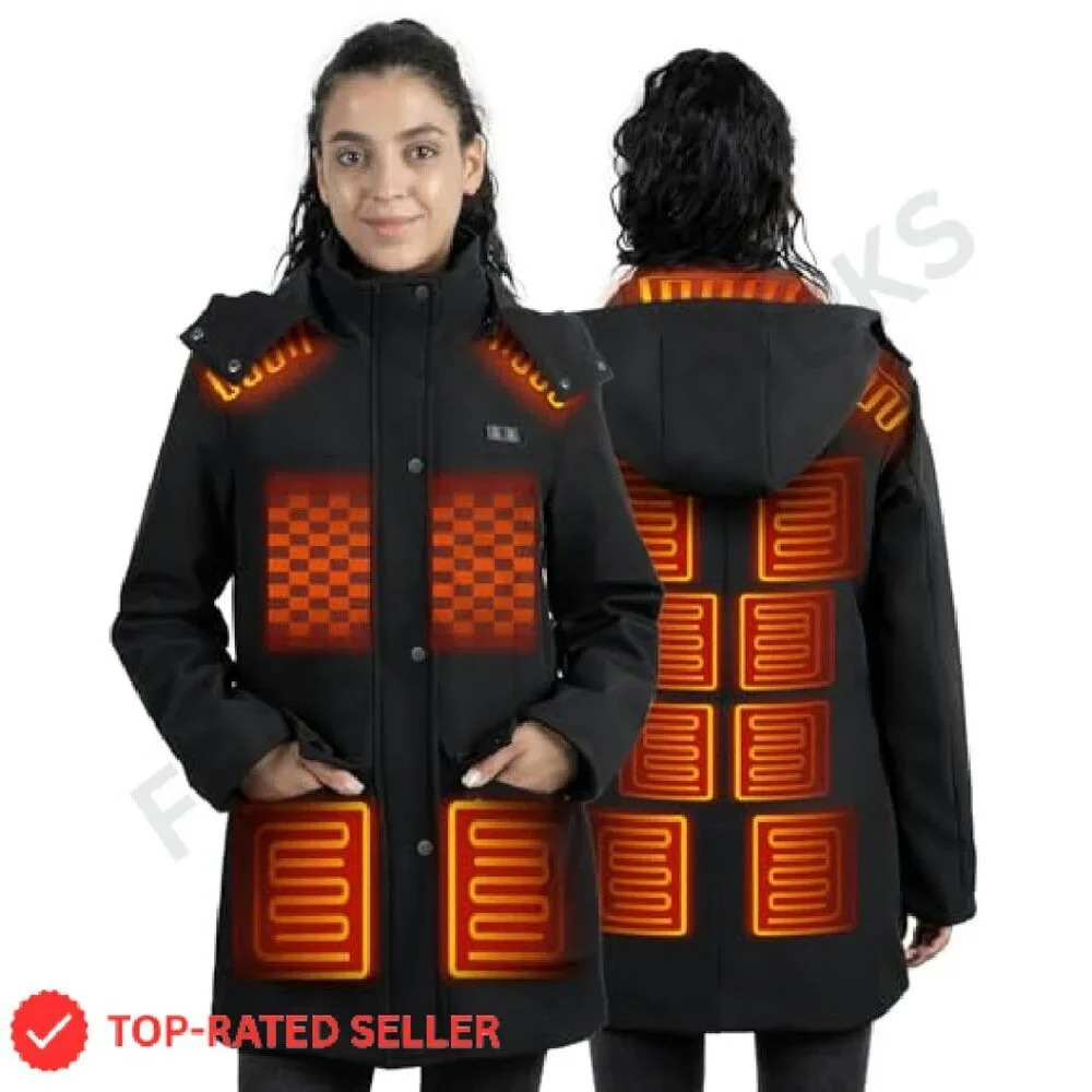 Heated Winter Coat with Detachable Hood Long Jacket Warm Tech Chic